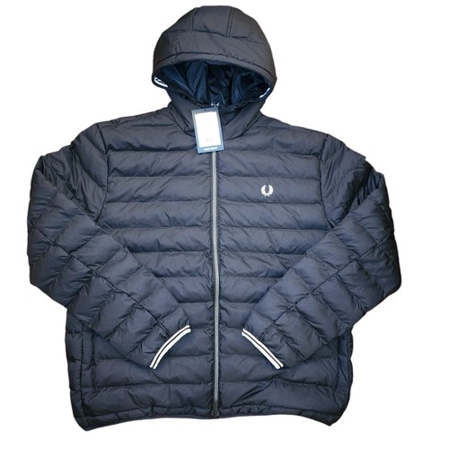 Pre-owned Fred Perry Mens 2xl Xxl Black Insulated Hooded Jacket Puffer Coat White Zipper