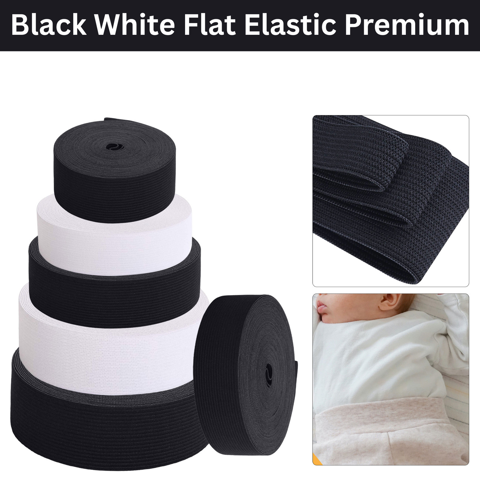Elastic Band Flat Round 7mm-75mm for Sewing Waistband Craft Black White 1m - 25m
