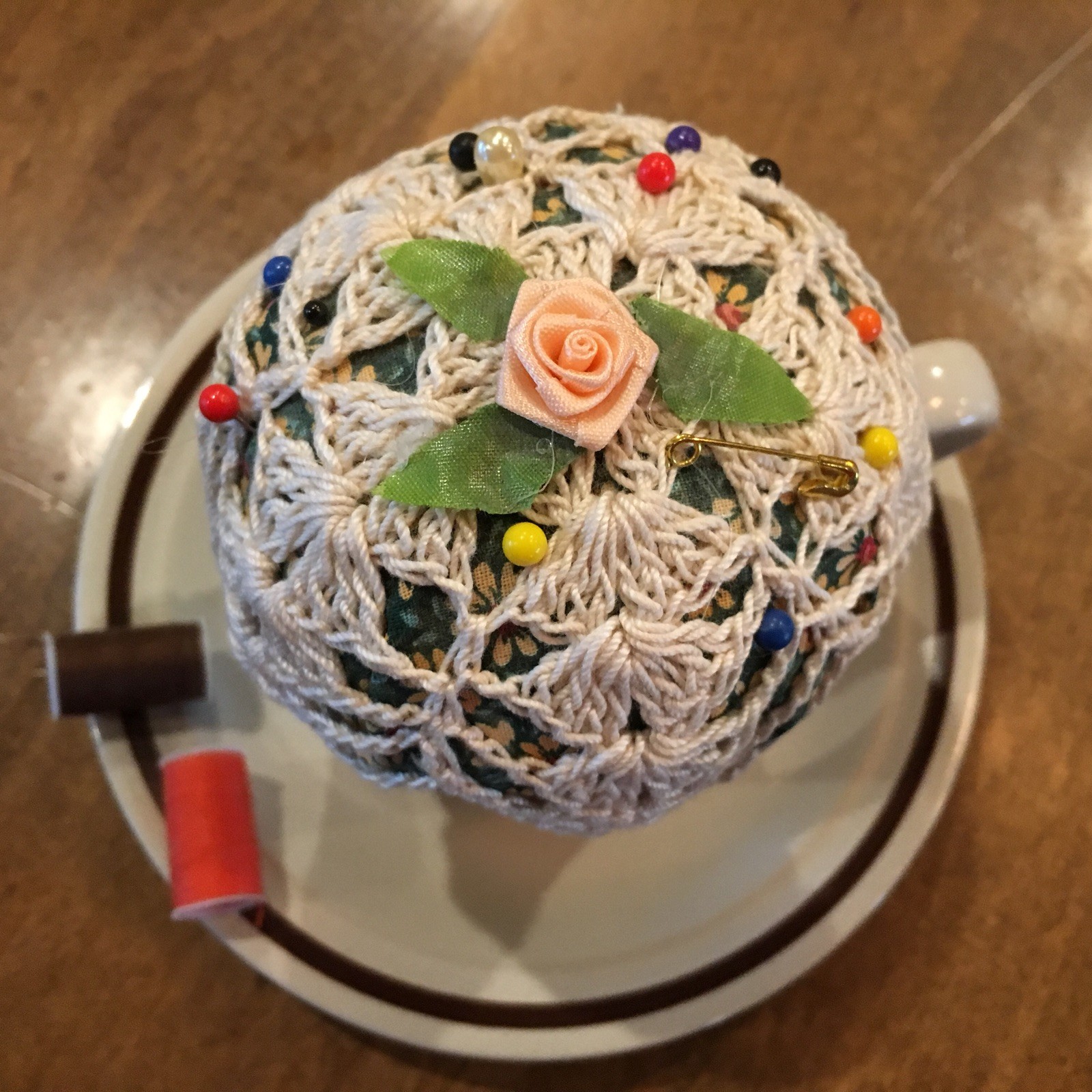 Gorgeous Vintage Handmade Floral Teacup Doily Pincushion Pins Saucer EUC