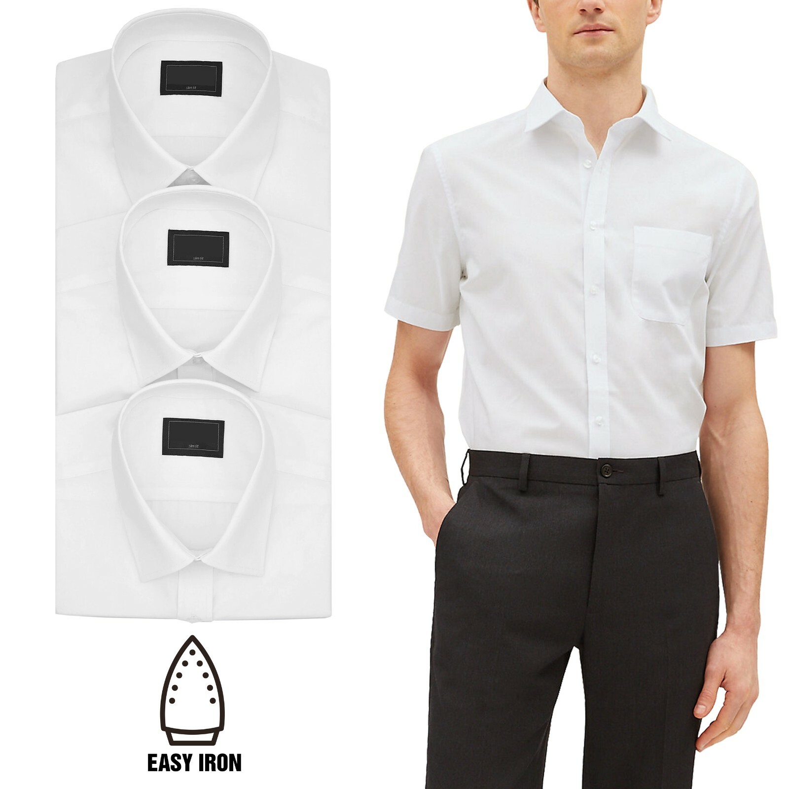 Mens 3 Pack Ex M\u0026S White Shirts Short Sleeve Slim Formal Classic Collar  Business | eBay