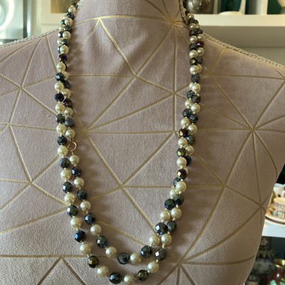 Necklace Faux Pearl And Iridescent Steel Blue Glass Beads