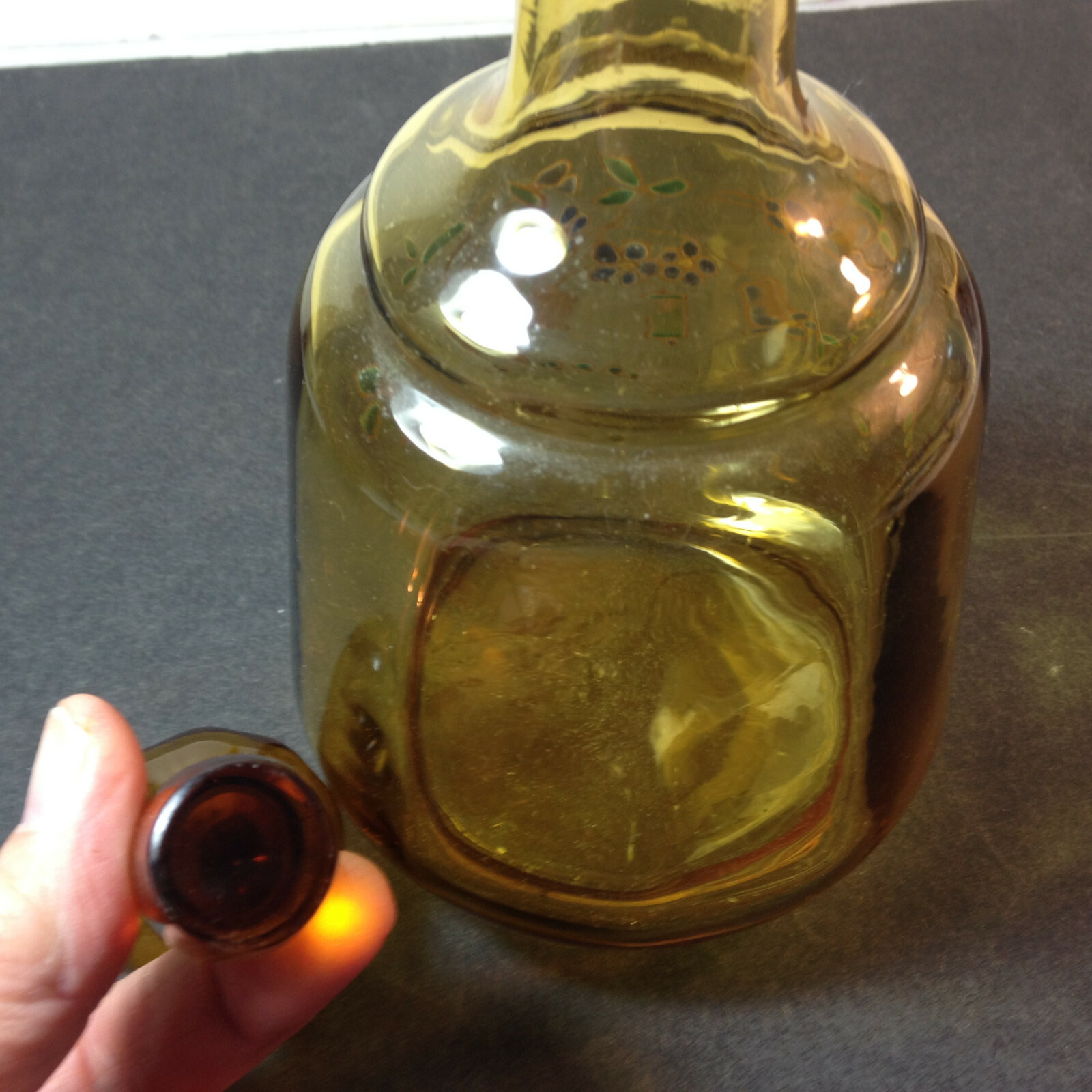 Vintage Amber Glass Decanter Bottle/ Stopper Hand Blown Painted Glass Enamel