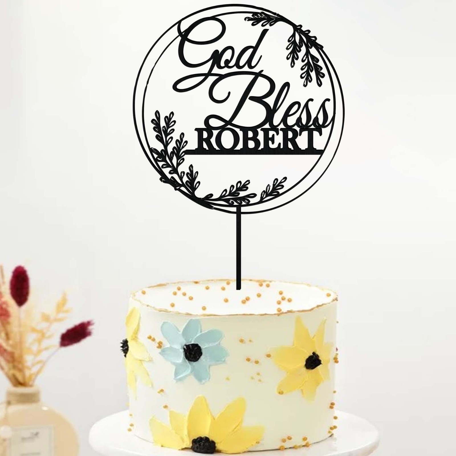 God bless Cake Topper, Baptism Rustic Cake Topper, Wreath Christening Cake Decor