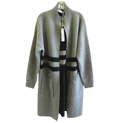 KOKUN XL Gray Wool Cashmere Striped Long Open Sweater Cardigan Jacket NWT