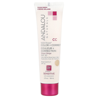 1000 роз, Color + Correct, Для чувствительной кожи, SPF 30, Прозрачный бежевый, 2 жидких унции (58 мл)