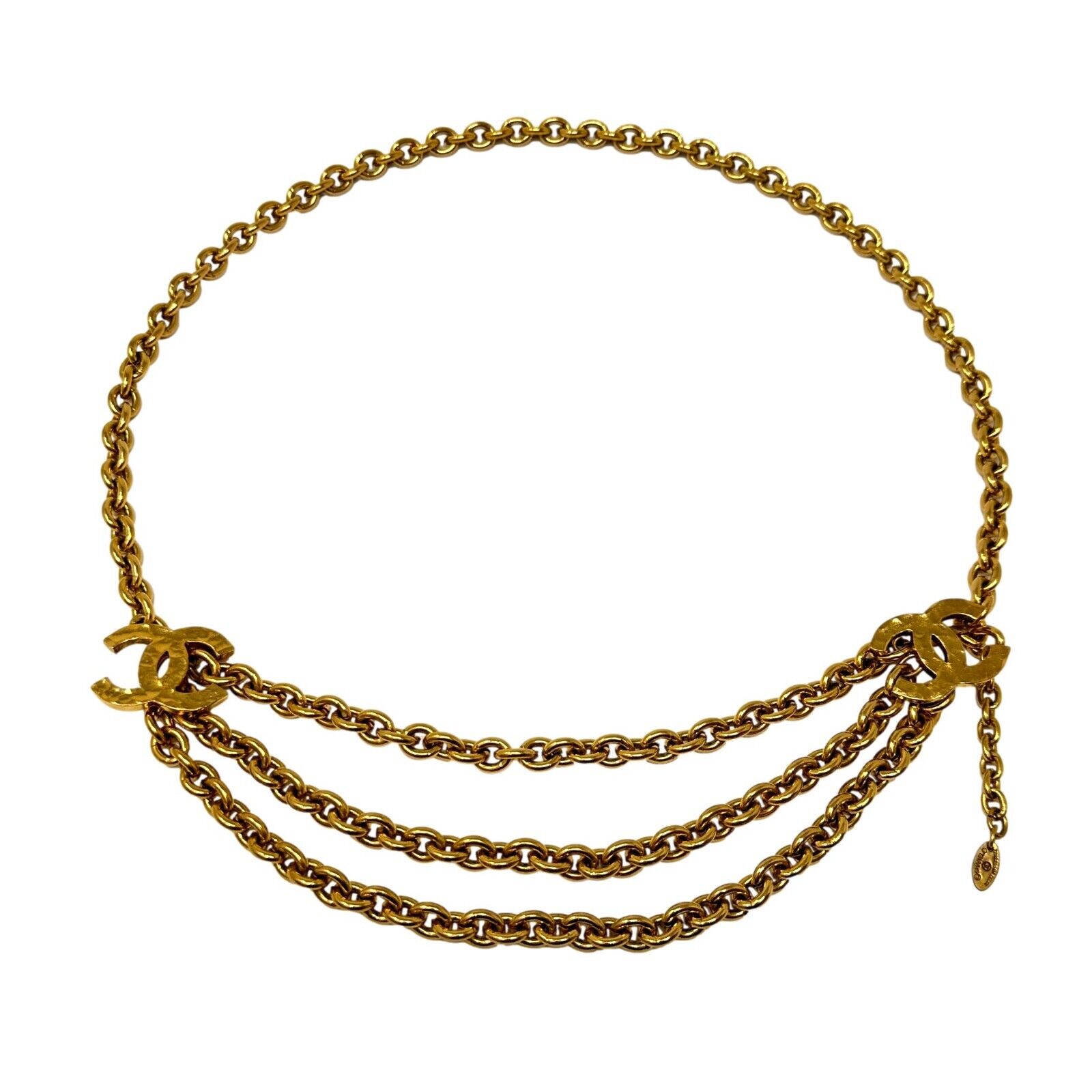 CHANEL 1980s Vintage Gold Logo CC Pendant Triple Chain Belt CHANEL 1980s Vintage Gold Logo CC Pendant Triple Chain Belt