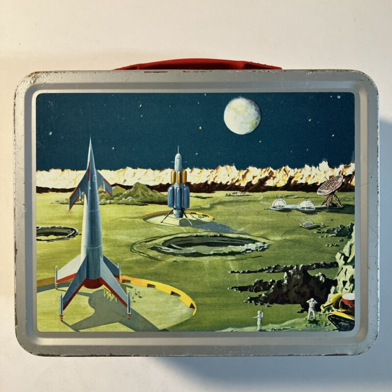 1958 Thermos Brand Metal Lunchbox Rocket Ship Space Astronaut Satellite