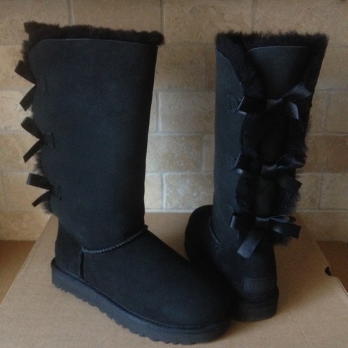 Pre-owned Ugg Triple Triplet Bailey Bow Ii Black Water-resistant Tall Boots Size 8 Womens