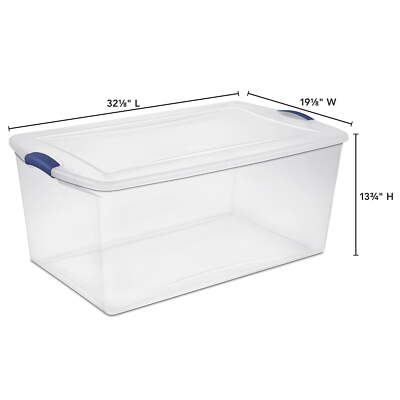 105 Qt. Clear Plastic Latching Box, Blue Latches with Clear Lid NEW