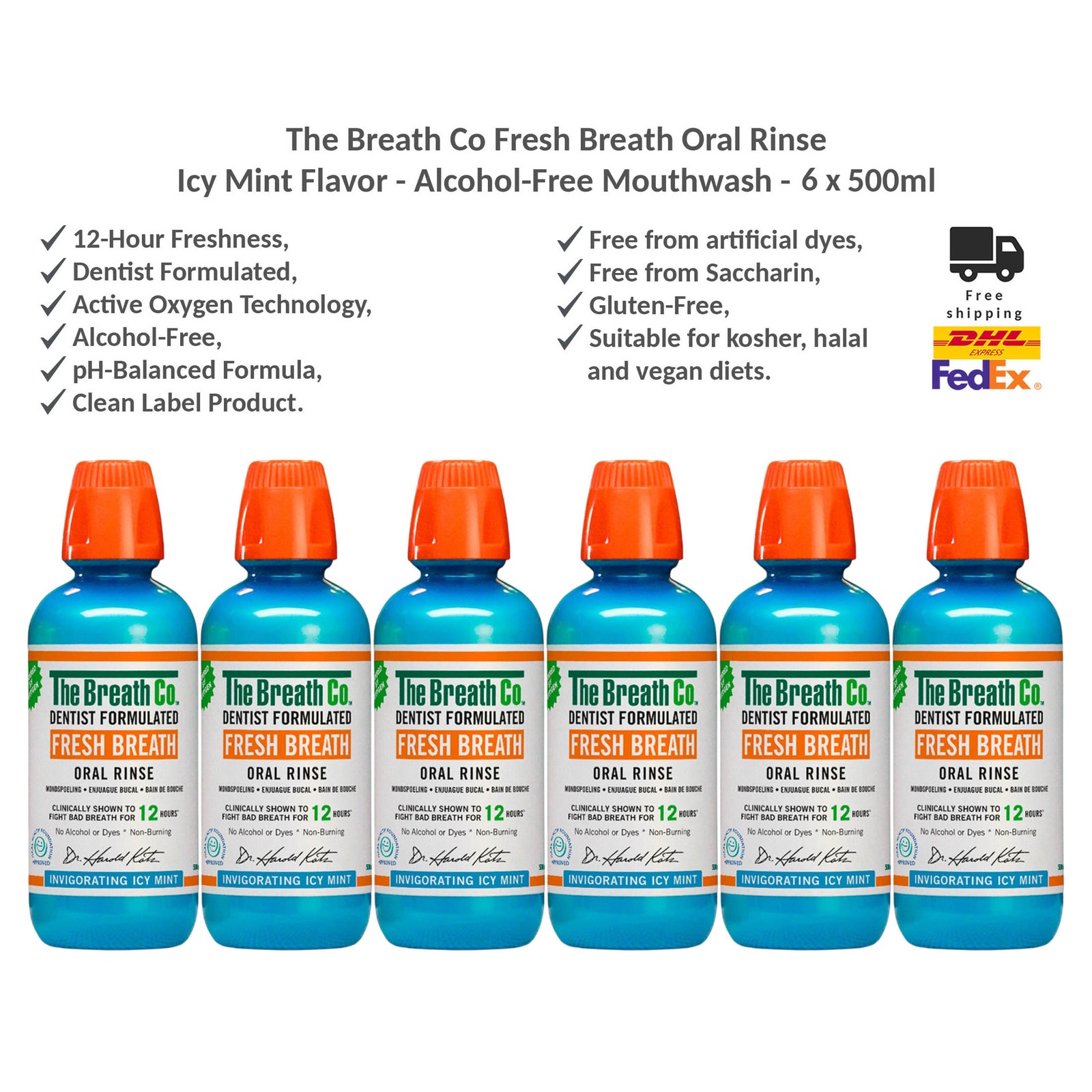 6x The Breath Co. ICY Mint Alcohol Free Mouthwash 12 Hour Fresh Breath 500ml