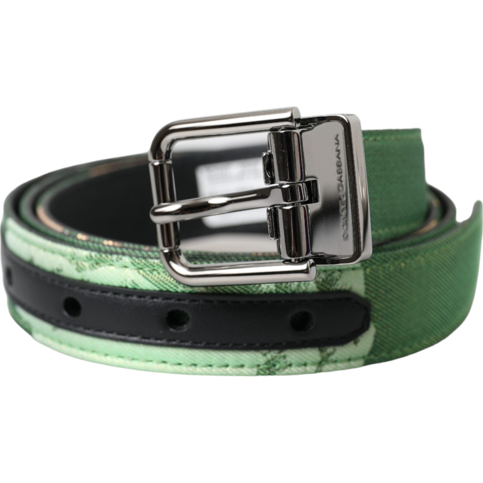DOLCE & GABBANA Belt Green Leather Jacquard Silver Metal