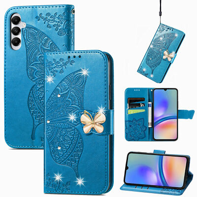 Diamond 2D Butterfly For iPhone Samsung Huawei Card Wallet Phone Case Flip Stand