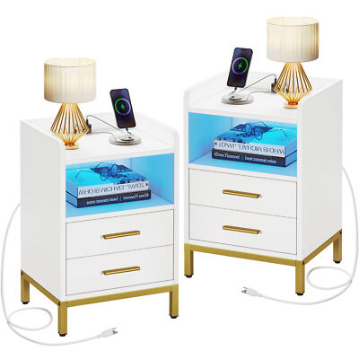 Set of 2 End Side Table LED Nightstands with Charging Station With 2 Drawers