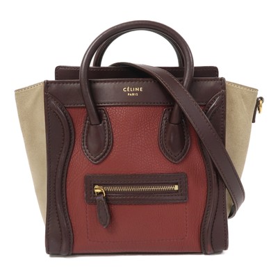 CELINE GHW Nano Luggage 2 Way Shoulder Bag Crossbody Calfskin Leather Wine Red