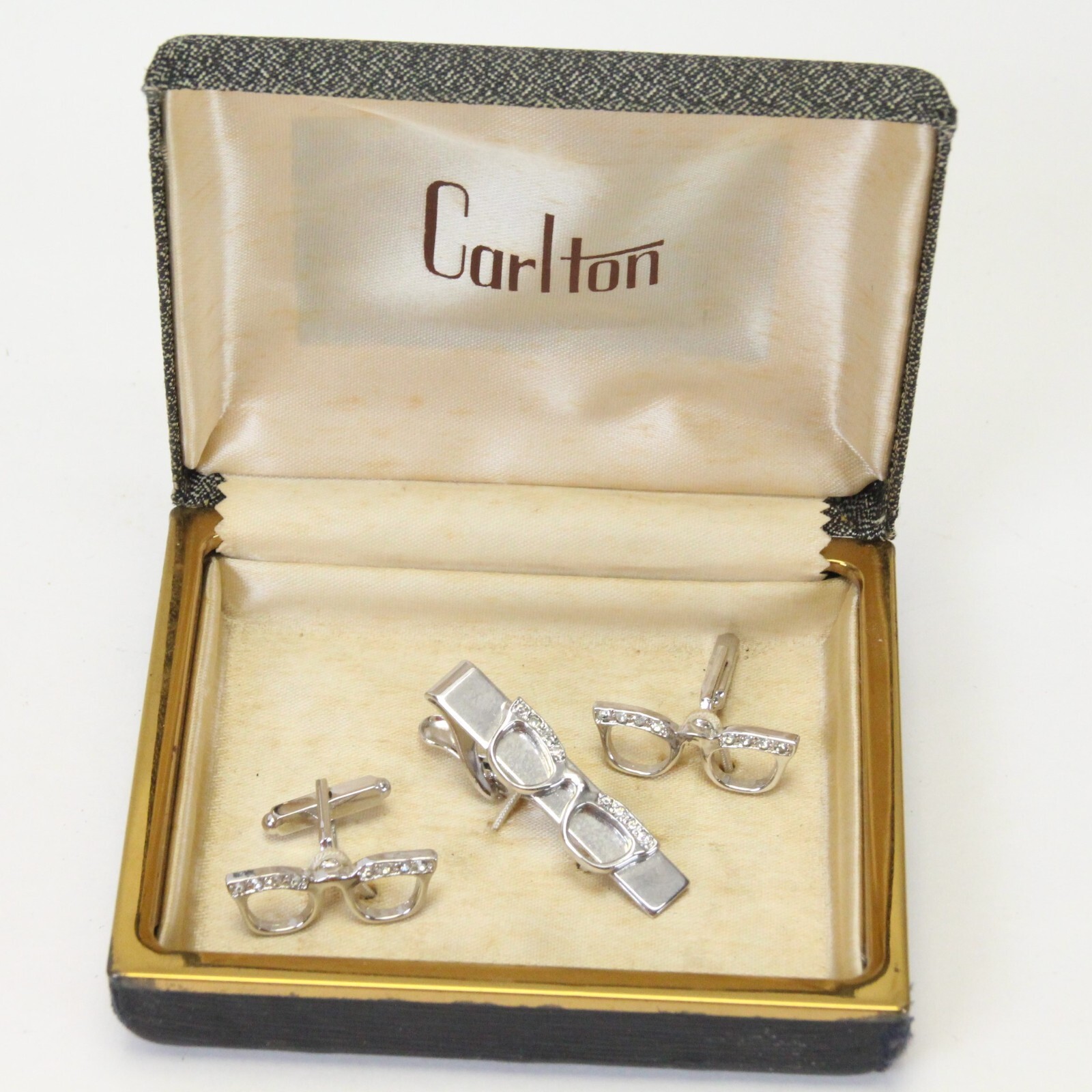 Carlton Eyeglass Cufflinks and Matching Tie Clip Silver Tone R...
