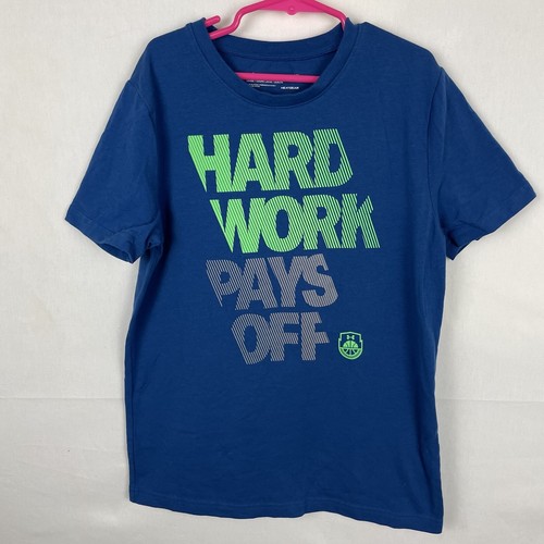 UNDER ARMOUR Boys Shirt YMD Loose Hear Gear Blue Hard Work Pays Off