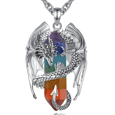 INFUSEU Chakra Stone Dragon Necklace 7 Healing Crystals Calming Gift Jewelry ...