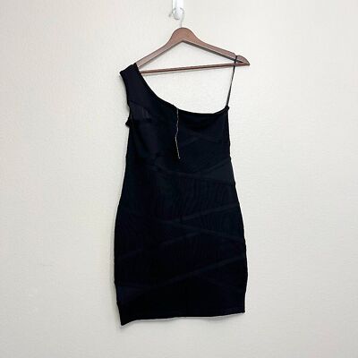 NWT Bebe After Dark Bandage Dress Size Large Women's Black One Shoulder Mesh