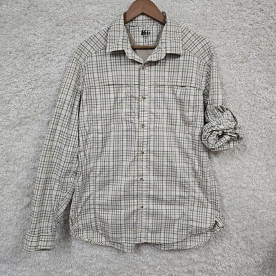 REI Plaid Button Down Shirt Mens L Tan Green Mesh Vents Roll Tab Hiking Gorpcore