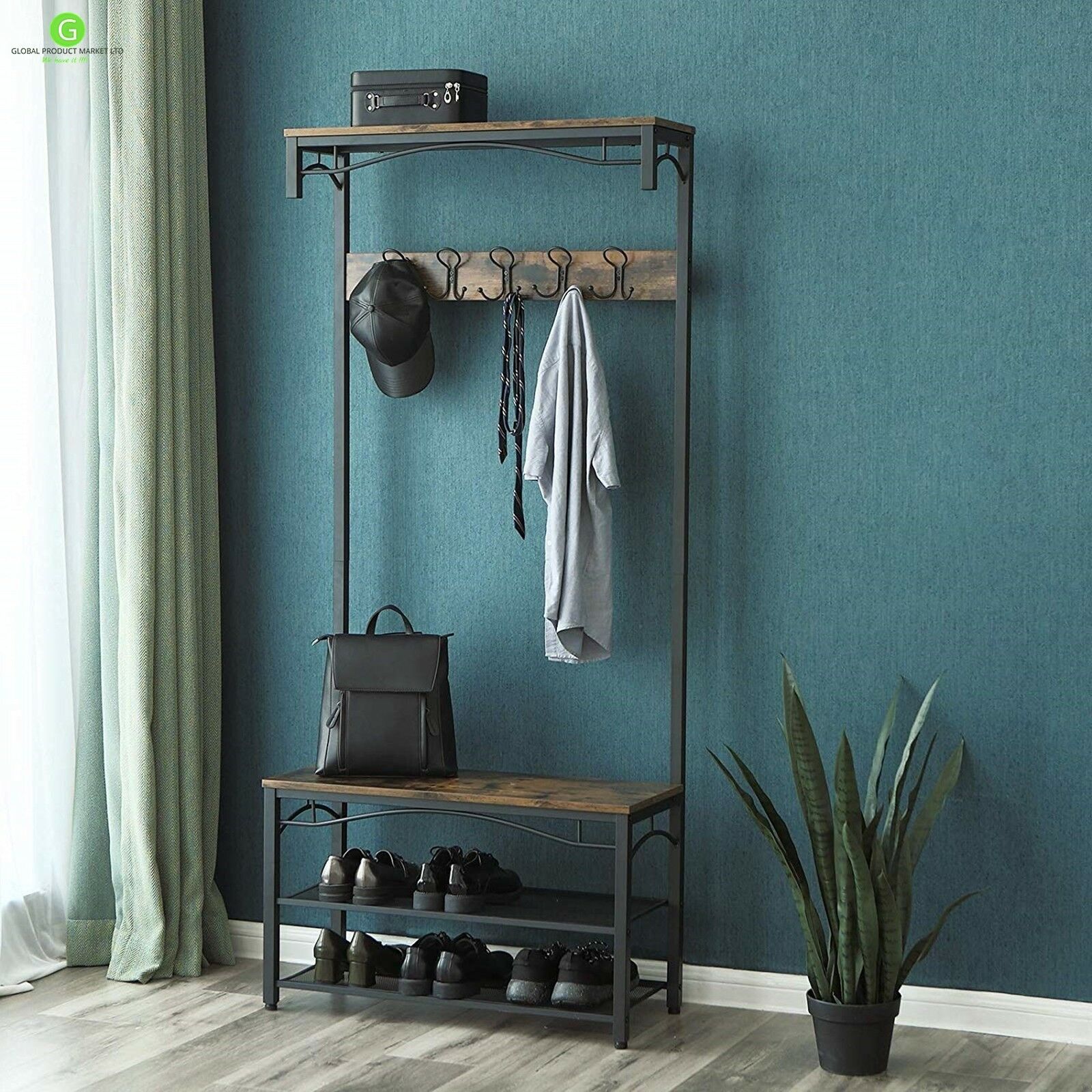 Industrial Coat Rack Stand Bench Hallway Furniture Shoe