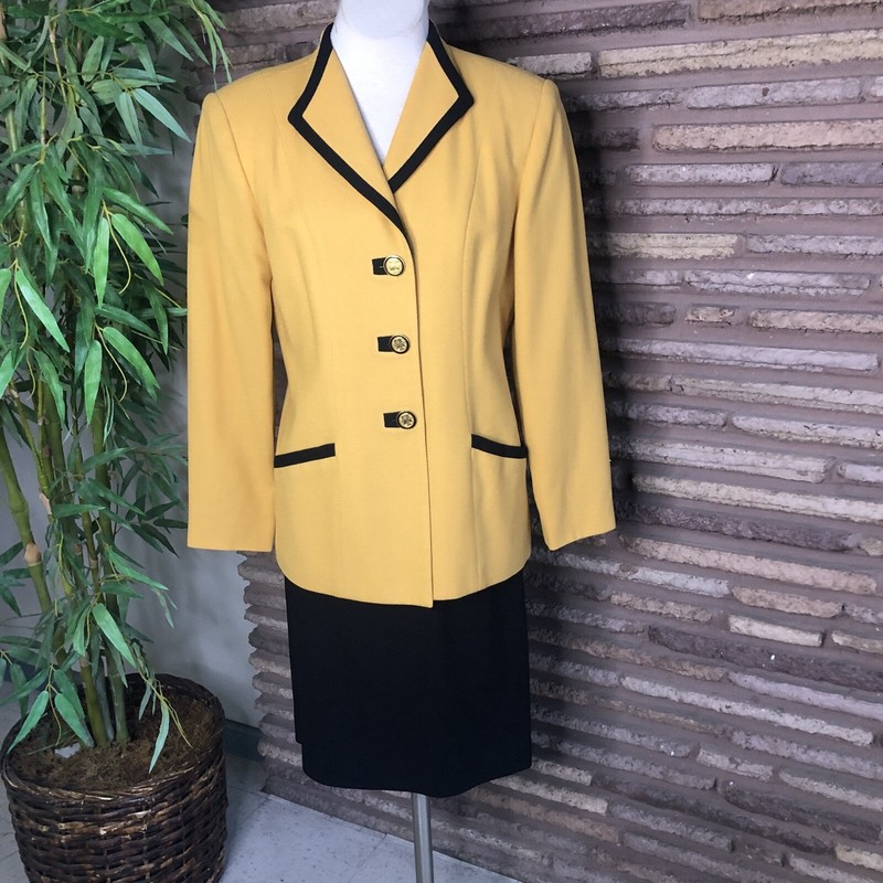 Albert Nipon Vintage 90s Gold Blazer Black Trim Business Skirt Suit Size 10