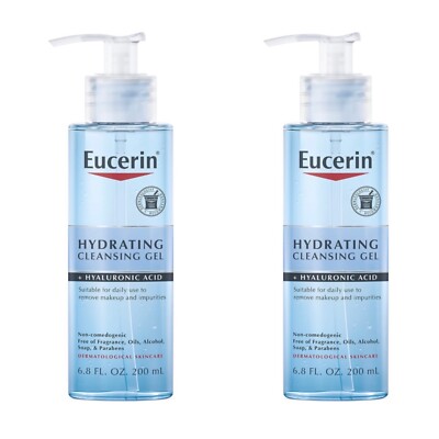 Eucerin Hydrating Cleansing Gel + Hyaluronic Acid (2 Pack) 6.8 Oz Each New