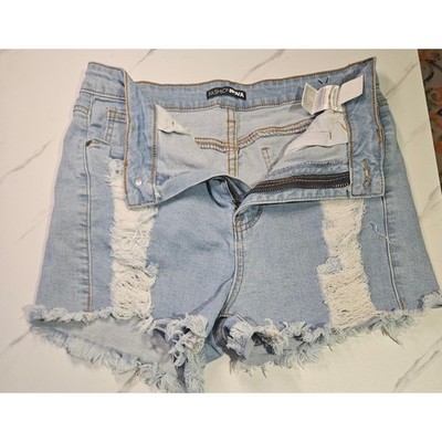 Stretch Denim Shorts Women 11 Light Blue Distressed High Rise Boho #631