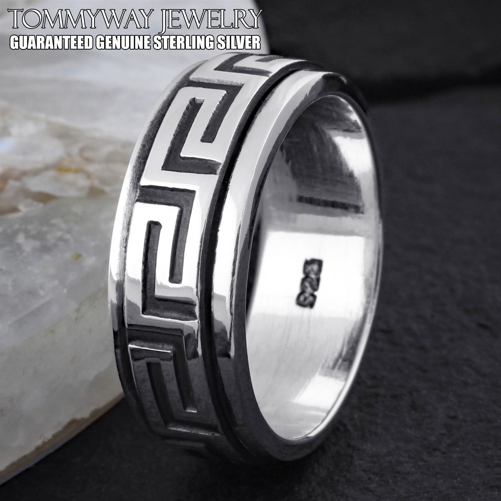 Real 925 Sterling Silver Men's Greek Key Spinning Spinner