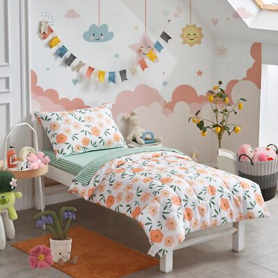 4 Pieces White Girls Toddler Bedding Set Orange Floral Style - Includes Adora...