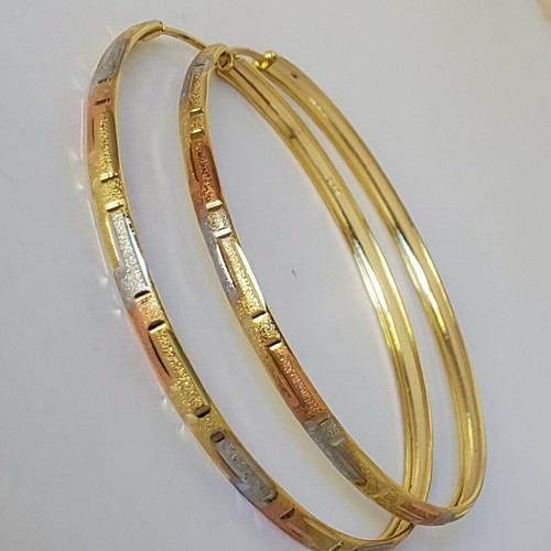 Pre-owned Rosegold Big Real 14k Yellow White Rose Gold Round Greek Key Hoop Earrings 2.25 Inch Long