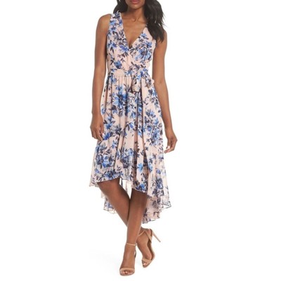 Eliza J Floral Sleeveless Mock Wrap Front High Low Dress in Pink & Blue Size 2