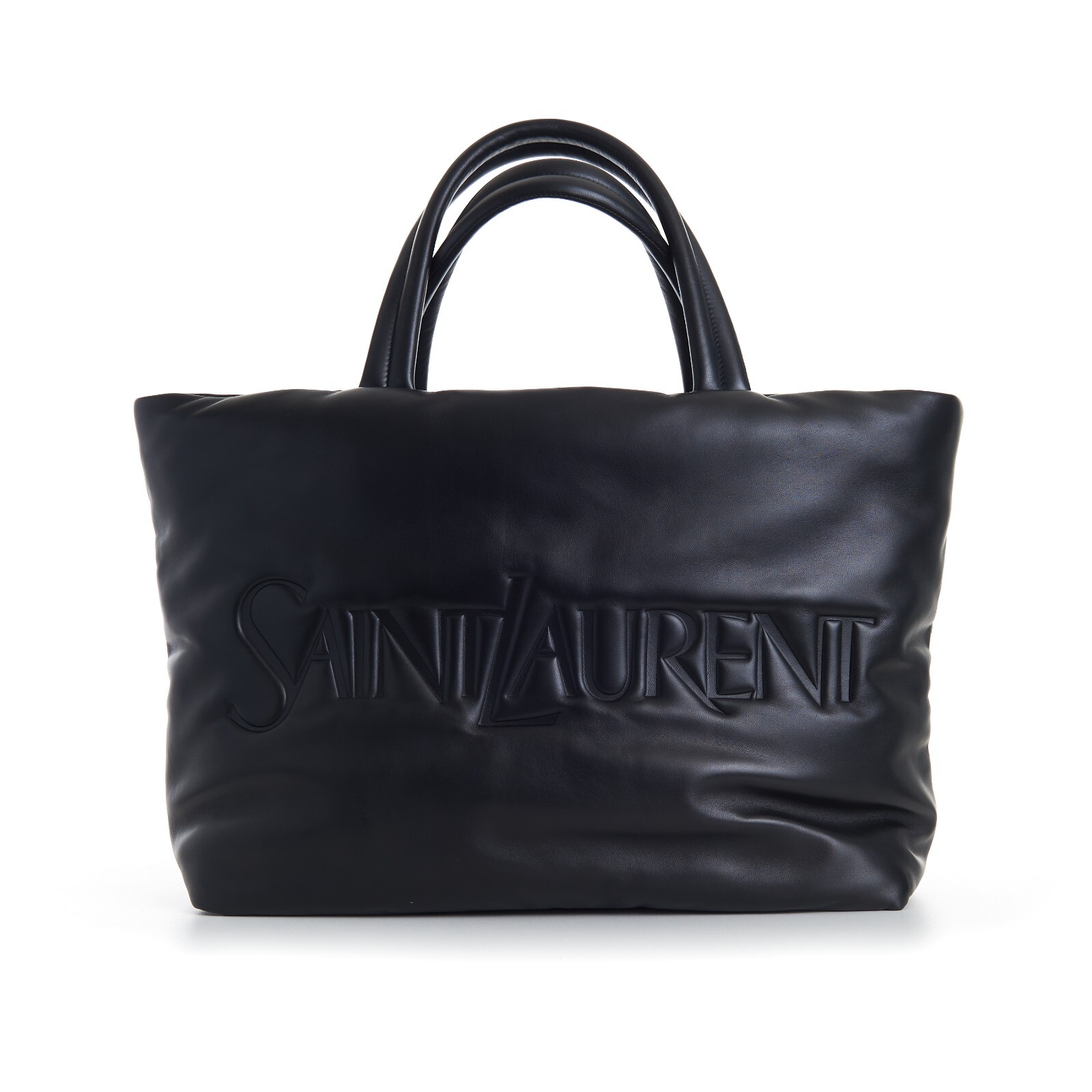 SAINT LAURENT ブラックトートバッグ SAINT LAURENT 3290$ Black Large Wide Puffer Tote In Nappa