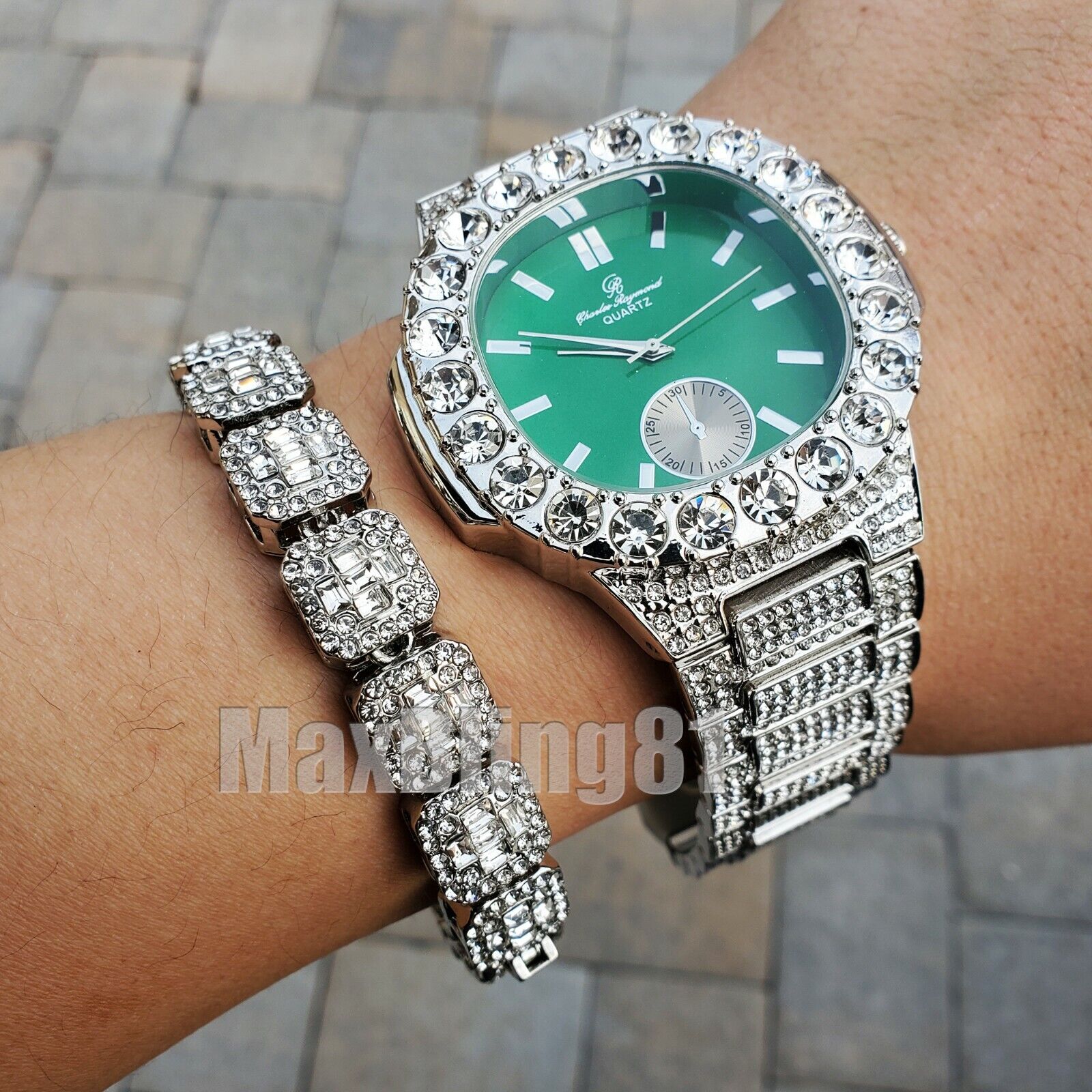 HIP HOP SILVER PT LUXURY BLING GREEN DIAL WATCH & ICED HIP HOP SILVER PT LUXURY BLING GREEN DIAL WATCH & ICED