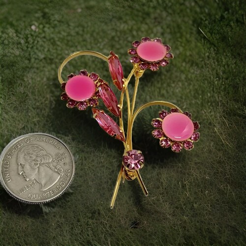 Vintage MCM 3 Pink Enamel Center Pink Rhinestone Navette