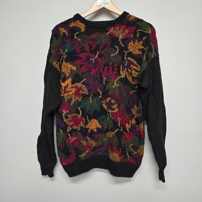 Eagle Menswear Hand Knitted Leaf Sweater Mens XXL Black Ramie Intarsia Vintage