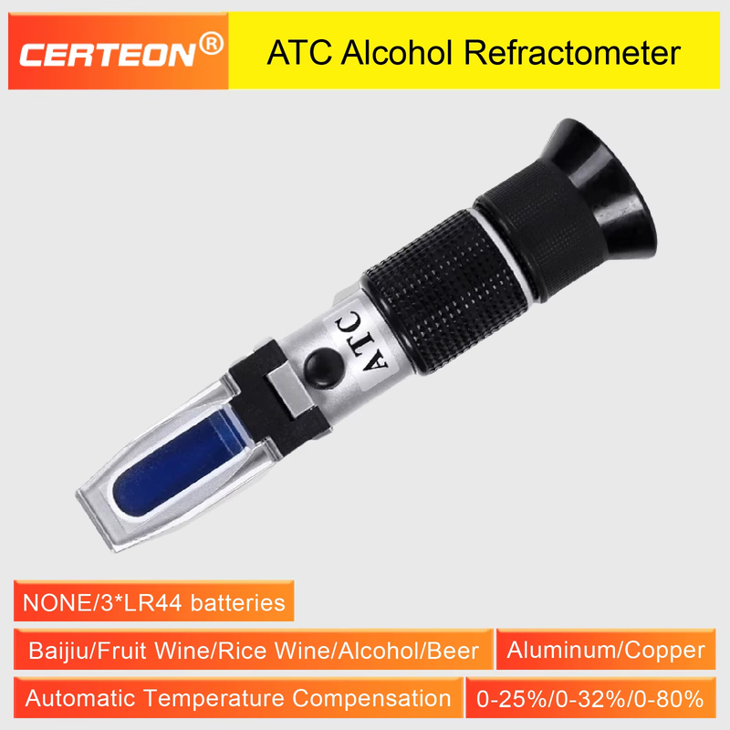ATC Alcohol Concentration Meter Refractometer 0-80% for Spirits Wine Beer Rice W
