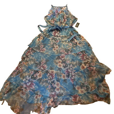 Candelite Chiffon XL 5 Tiered Maxi Sundress Turquoise Floral Fully Lined