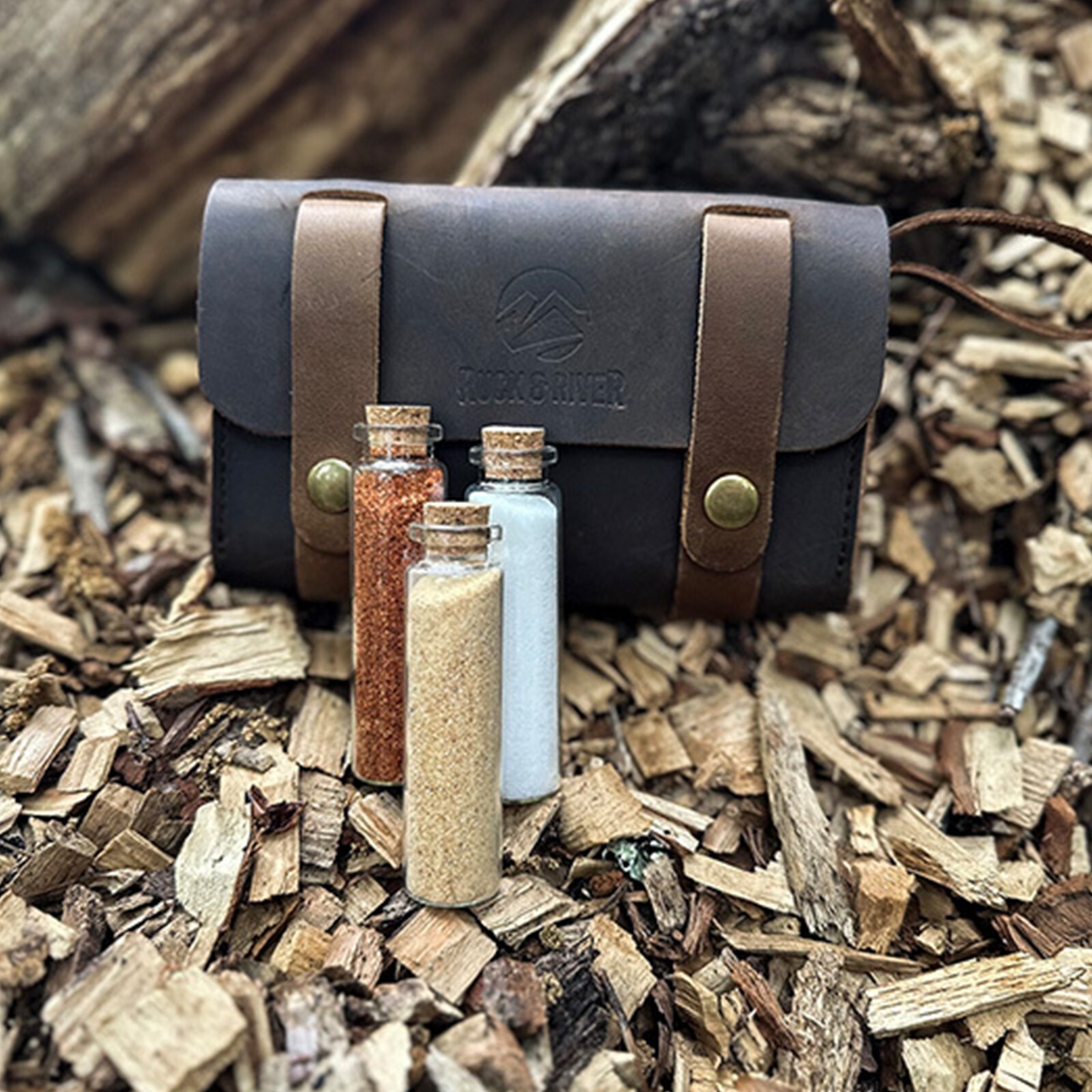 Ruck & River Leather Spice Holder Kit w/ 6 Jars Travel Spices Pouch Camp Cooking