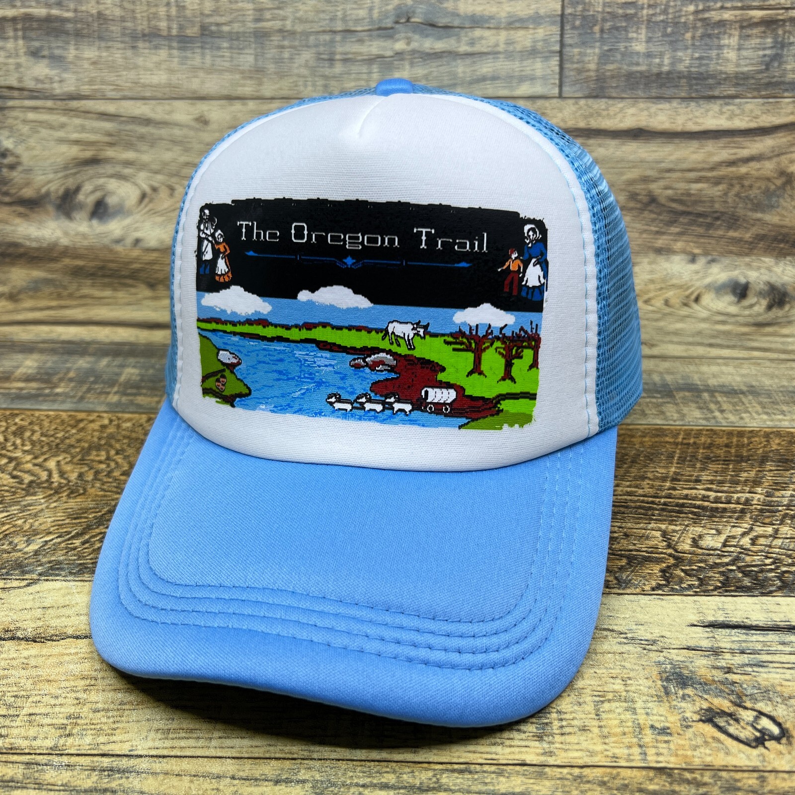 The Oregon Trail Mens Trucker Hat Baby Blue Snapback 80s