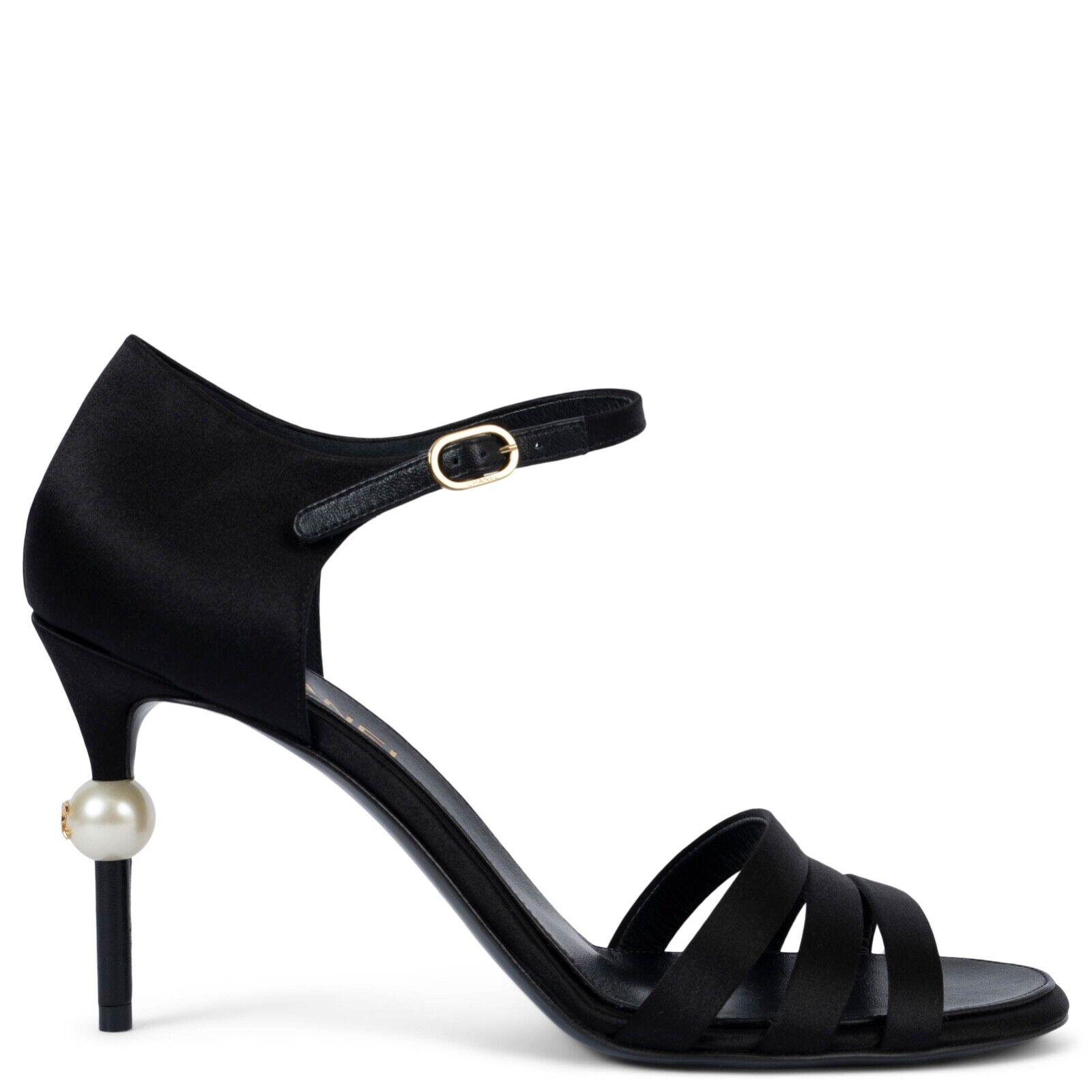 70203 auth CHANEL black satin 2022 22K PEARL HEEL Sandals