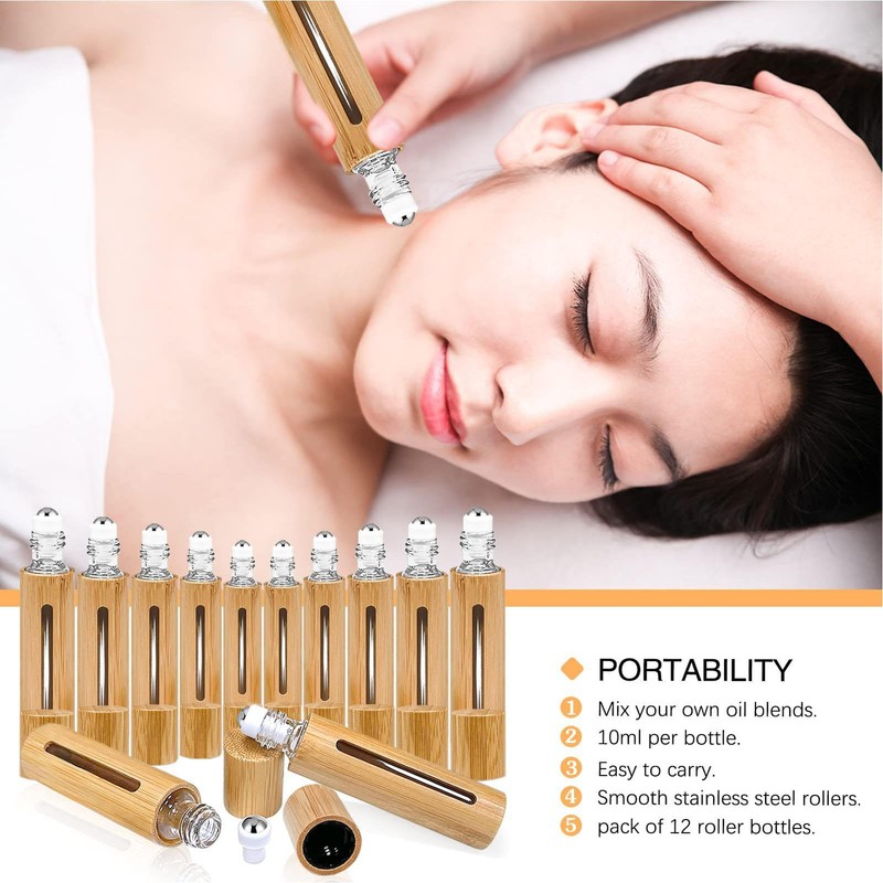 10X Glass Essential Oil Roll on Bottles Nature Bamboo Perfume Roller Refillable
