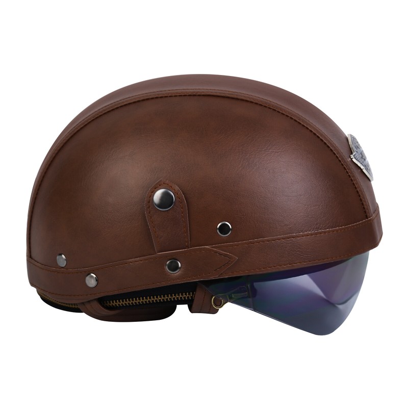 DOT Motorcycle Half Face Helmet Retro Leather Scooter Helmet with Goggles