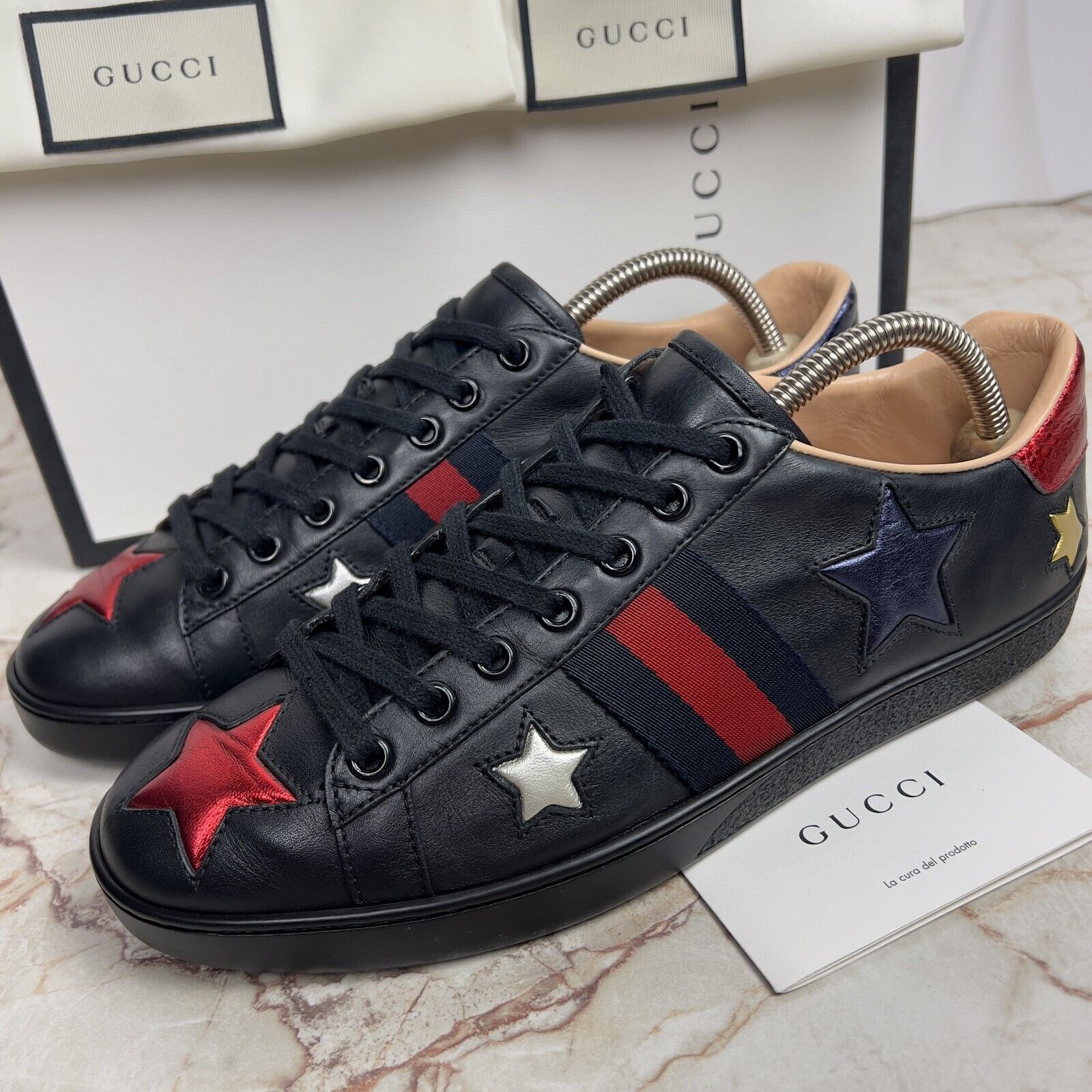 Gucci Ace Metallic Stars Web Low Top Sneakers Black Leather Gucci Ace Metallic Stars Web Low Top Sneakers Black Leather