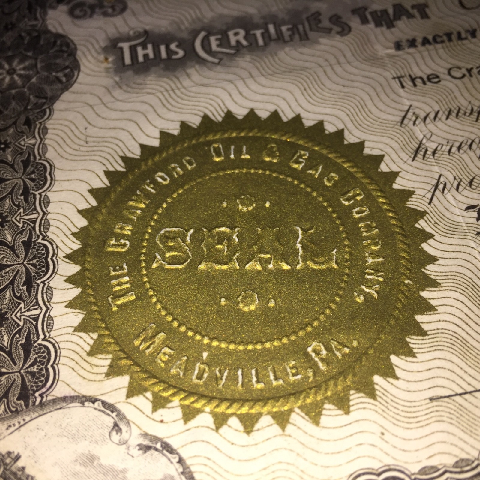 1919 Crawford Oil & Gas Company Capitol Stock Certificate