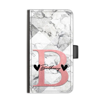 Personalised Initial PU Leather Phone Case Hearts Name Grey Marble Flip Cover