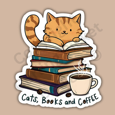 Cats Books And Coffee Cafe Snuggle Brew Cute Funny 3'' Vinyl Sticker