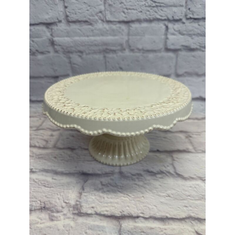 Ivory Distressed Cake Plate Pedestal Scalloped Beaded Edge Ceramic Glazed