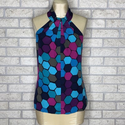 VTG Tina Turk Multicolored Honeycomb Print Sleeveless Silk Halter Blouse Size 0