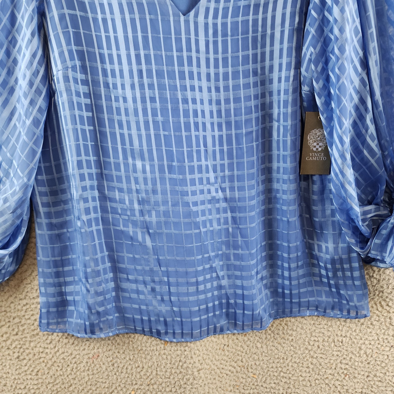 Vince Camuto Printed Puff Sleeve Top Women's Medium Oceanside Vneck Pullover - Picture 3 of 14