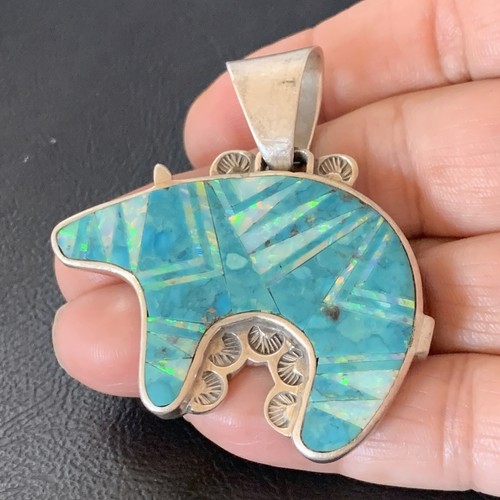 Pre-owned Handmade Mens Blue Turquoise & Opal Bear Navajo Sterling Silver Inlay Pendant 12602